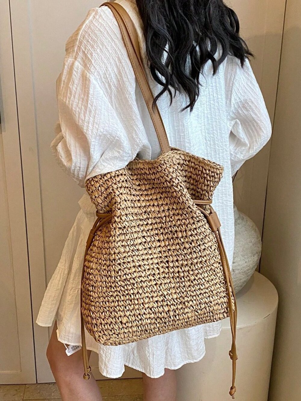 Khaki Casual Women's Straw Tote Bag – Large Capacity Holiday Travel Shoulder Bag